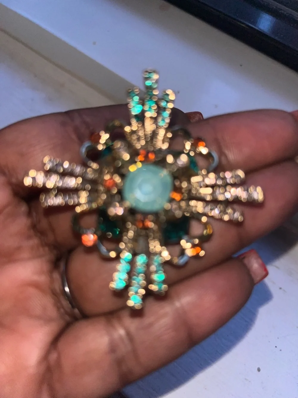 Teal and Emerald Vintage-Inspired Crystal Brooch